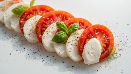 Fresh caprese salad with sliced tomatoes mozzarella basil leaves and black pepper seasoning on white surface