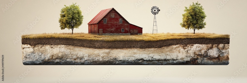Poster cross-section view of farmland showing soil layers, barn, trees, and windmill.
