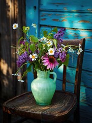 Beautiful wildflower arrangement in a green vase on a rustic wooden chair by a blue wall
