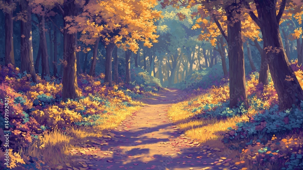 Poster sunlit path through autumn forest with golden leaves and shadows.