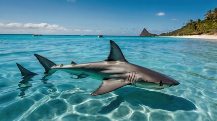 An aerial view of a humpback whale swimming in turquoise water.	
