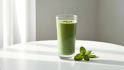 Fototapeta premium Tall Clear Glass Filled with Green Smoothie Made from Spinach, Banana, and Almond Milk on a White Table with Fresh Mint Leaves in Soft Daylight 