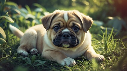 Obraz premium Adorable puppy lying on grass outdoors with greenery, sunlight, and a peaceful environment.