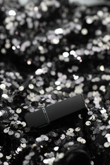 Close-up of a lipstick placed on a shimmering black sequin surface. Ideal for beauty, makeup, glamour, and fashion-related visuals or advertising.