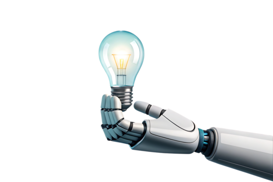 Robotic Hand Holding Light Bulb on Transparent Background