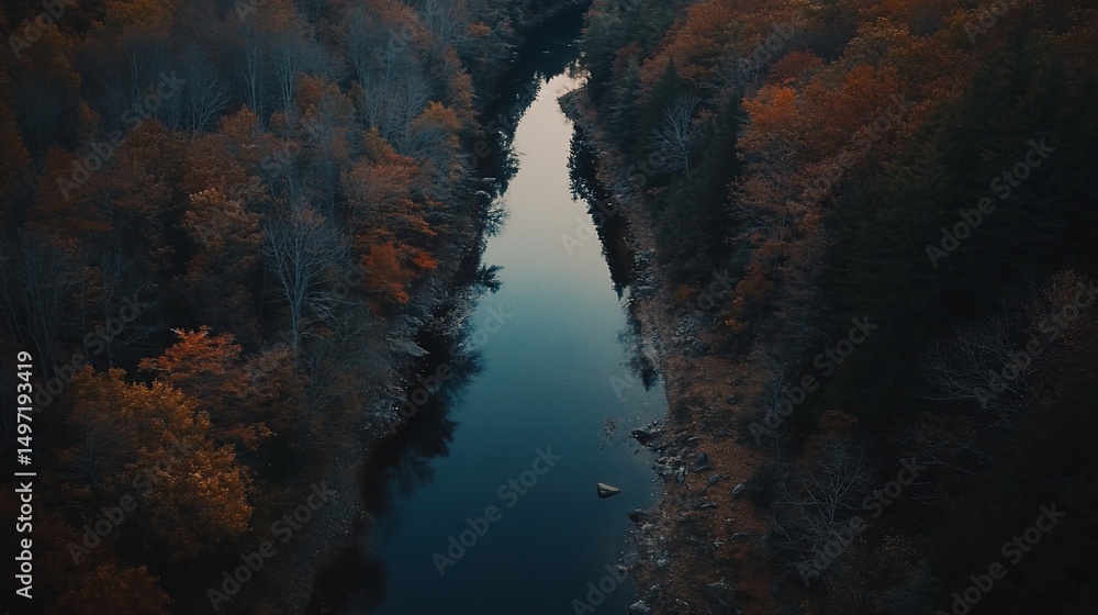Poster aerial view of a calm river flowing through an autumn forest.