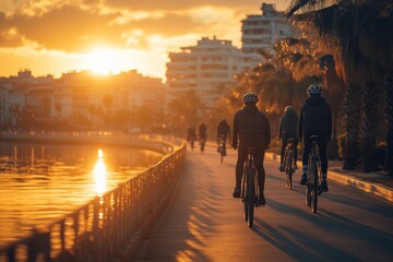 a group of friends riding bicycles on a dedicated bike path along a waterfront, with vibrant city views and reflections on the water, warm golden hour lighting