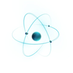 Glowing atomic model with three blue electrons orbiting around a nucleus on white background. Used for science, energy, and nuclear physics visuals.

