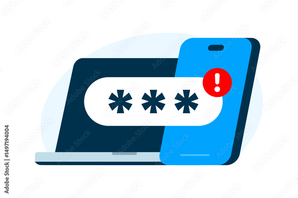 Poster account logged in on another device warning. flat illustration of laptop and smartphone with passwor
