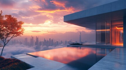 Futuristic rooftop terrace with concrete flooring and panoramic city skyline at sunrise  