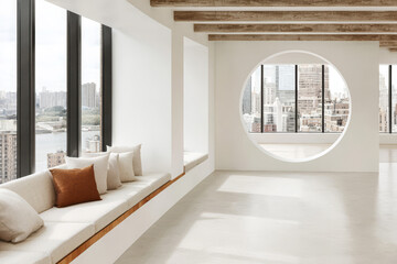 Modern interior design with large windows overlooking city skyline in bright space