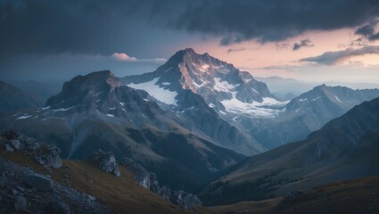 Mountain landscape with rugged peaks and snow-capped summits during dusk. Majestic mountains and clouds. The scene captures the grandeur of nature.