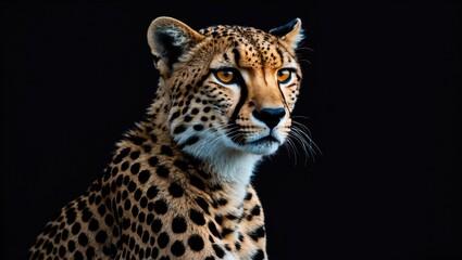Fototapeta premium A close-up image of a cheetah with detailed fur pattern against a black background.