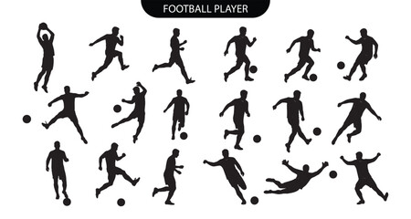 Football player silhouette. Soccer player silhouette. Collection of black silhouette soccer players in various action poses with footballs on white background for sports design