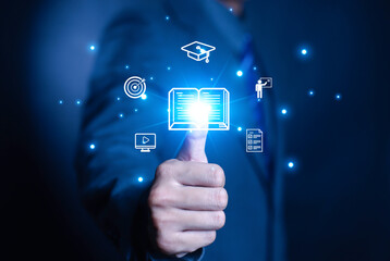 Man holding smartphone with virtual screen. Online education concept. Choose the correct answer. Online digital technology concept. Internet learning training course. Digital.