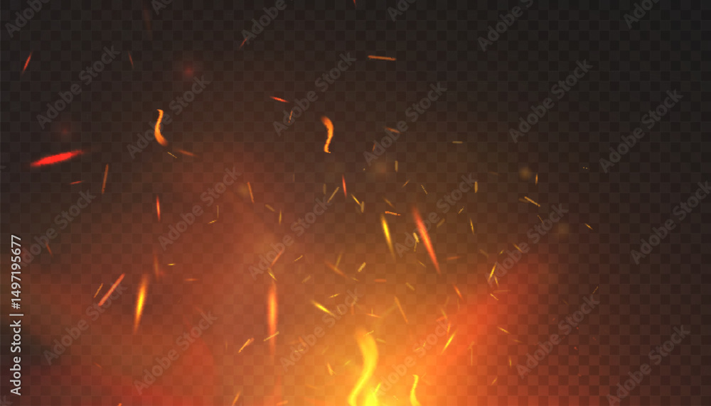 Poster realistic glowing sparks and fire embers flying above the flames on a dark background. burning parti