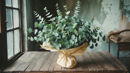 Fototapeta premium A bouquet of eucalyptus leaves wrapped in paper on a rustic wooden table near a window.