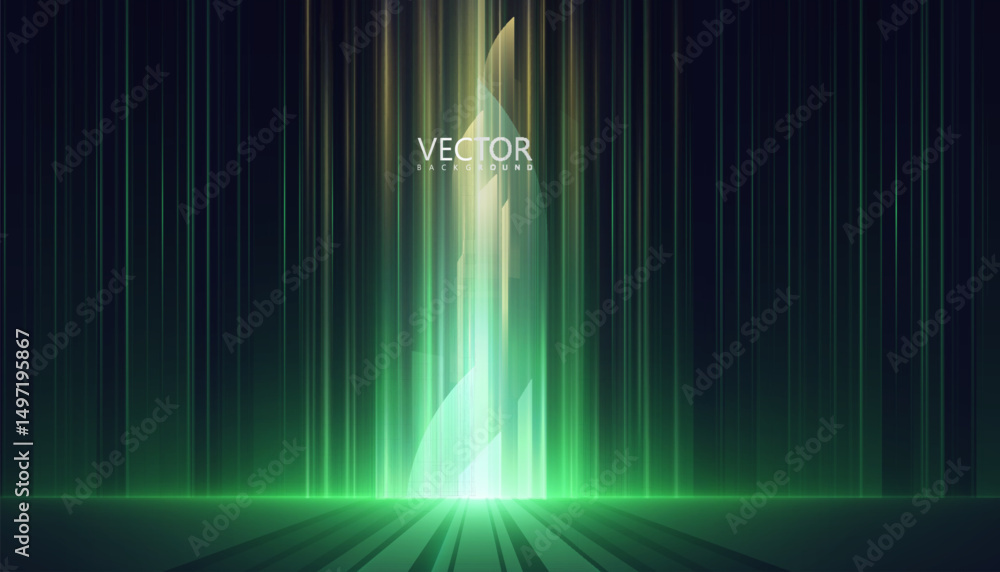 Poster futuristic green light background with glowing vertical lines and beam illumination.