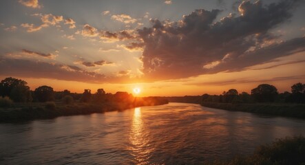 Sunset over a river with clouds and trees, capturing a calm evening scene with warm tones and reflections on the water.
