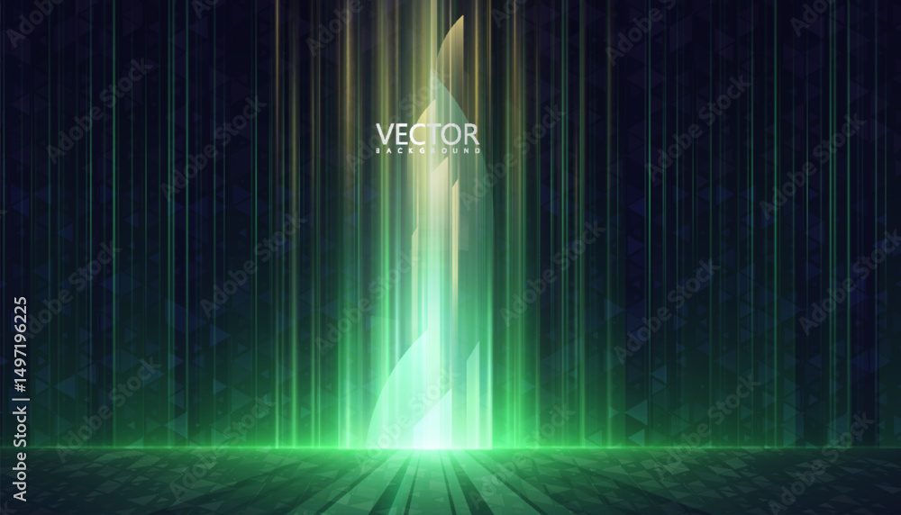 Poster Abstract bright green background with vertical light stripes on a dark digital scene. Modern and technological visual style.