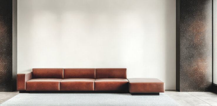 Fototapeta Modern brown leather sofa in minimalist living room with neutral walls and natural light