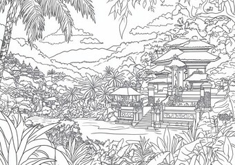 Graustufen-Illustration: Tropischer Tempelkomplex in üppiger Landschaft