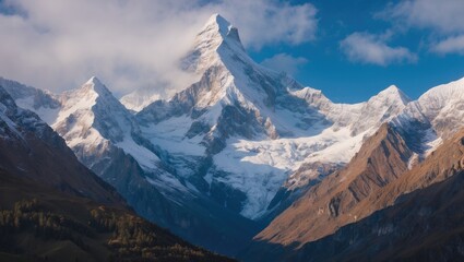 Snow-covered mountain peak with surrounding rugged mountains and blue sky. Nature and landscape, adventure, outdoors. The concept of mountain scenery and exploration.
