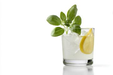 refreshing fruit cocktail featuring lemon and basil served in clear glass with ice