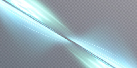 Abstract effect of light glare refraction with intersecting translucent beams. Bright blue flare with glowing refraction curves on transparent background.

