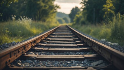Fototapeta premium Railway track extending into the distance surrounded by greenery and trees. Transportation infrastructure and travel concept.
