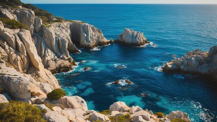 Cliffs and rocks along the coast with blue sea and sky, scenic landscape, natural beauty, and ocean view.