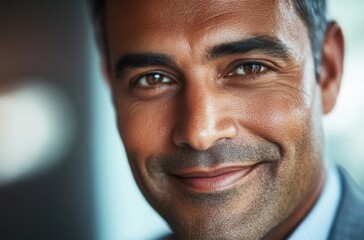 Fototapeta premium Close portrait of a smiling Indian businessman, soft shadows on face from left-side light