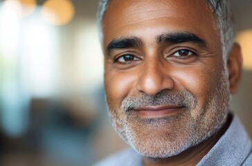 Close portrait of a smiling Indian businessman, soft shadows on face from left-side light