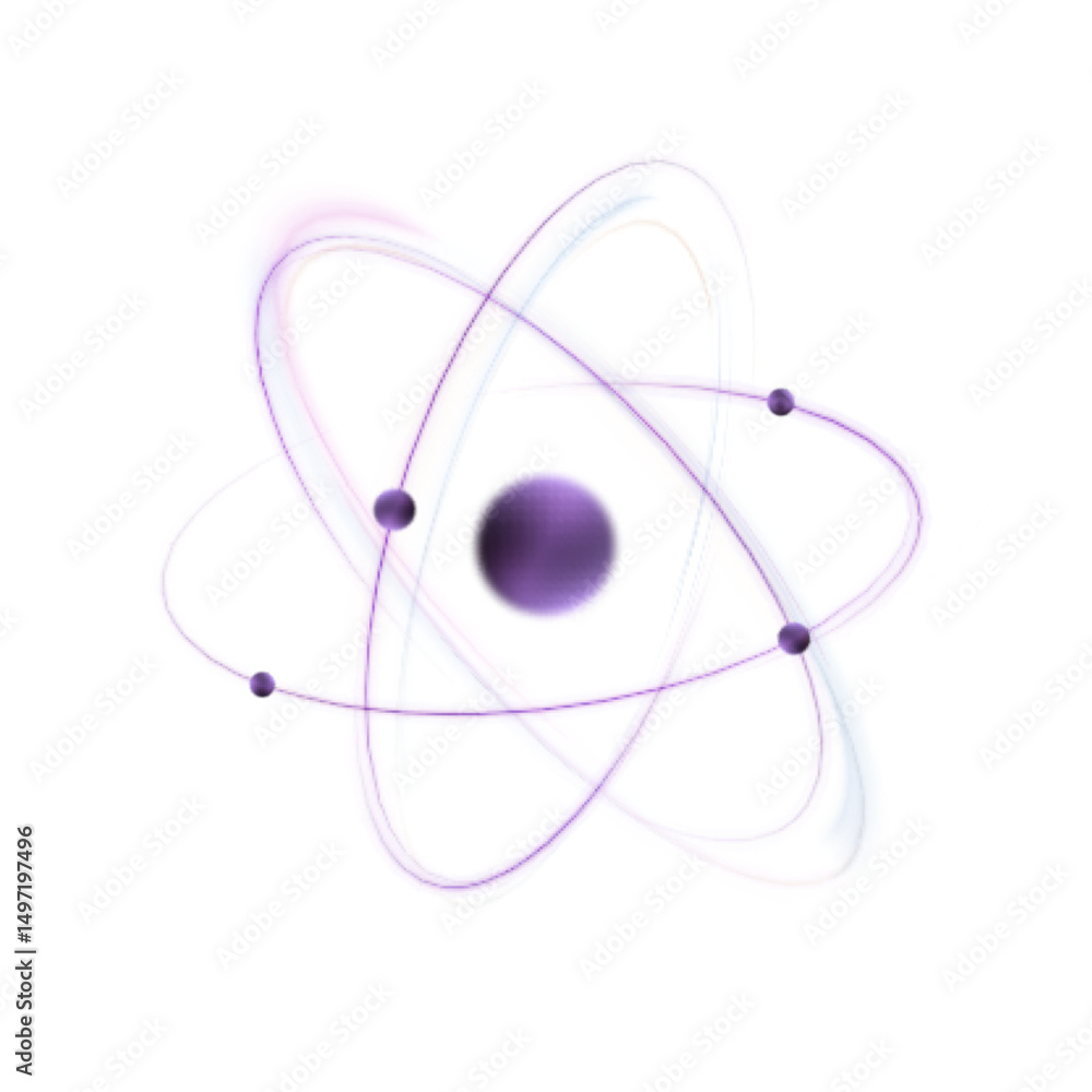 Aufkleber 3d model of an atom with glowing purple orbitals and nucleus on a white background. ideal for scient