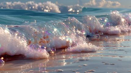 Fototapeta premium Ocean waves crashing on sandy beach, creating bubbles and sparkling reflections under sunlight, capturing the beauty of nature's coastal scenery. Selective focus