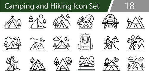 amping and Hiking Icon Set. 18 Outdoor Adventure Line Icons for Nature Trips, Tent Camping, Mountain Hiking, Backpack Travel, and Wilderness Exploration. Vector illustration
