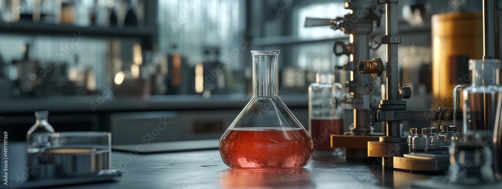 Poster Red liquid in Erlenmeyer flask on lab bench.