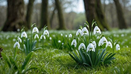 Clusters of snowdrop flowers in a forest clearing with trees in the background. Nature and springtime, fresh flora. The scene of blossoming and growth.