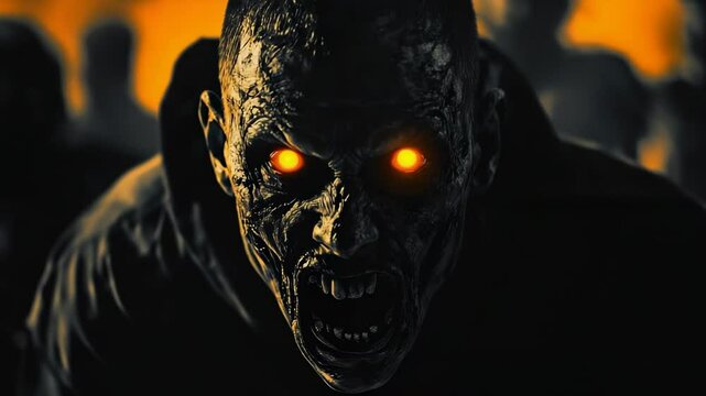 Aggressive zombie with glowing orange eyes emerging from dense undead horde, revealing menacing presence in desolate post apocalyptic landscape