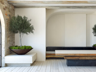 Fototapeta premium Modern interior design featuring minimalist furniture and greenery in a spacious setting