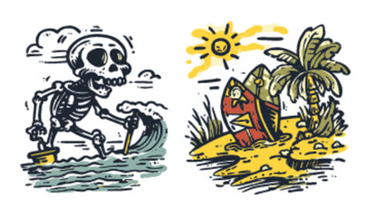 Skeleton Surfer on Beach with Palm Tree and Surfboard in Vibrant Style