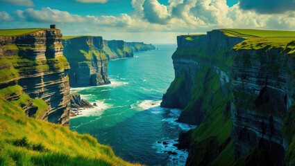 Cliffs of Moher from sea view with green grassy edges and blue waters, Ireland coastline, natural landscape, scenic view, oceanic formations.