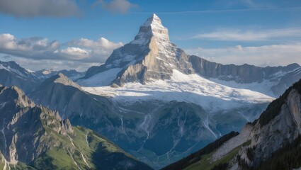 Snow-covered mountain peak with surrounding rugged mountains and green slopes, under a partly cloudy sky.
