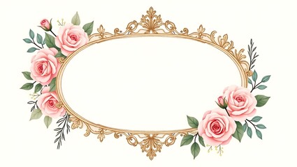 Pink floral with gold frame, watercolor style