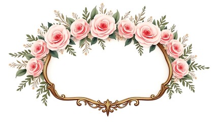 Pink floral with gold frame, watercolor style