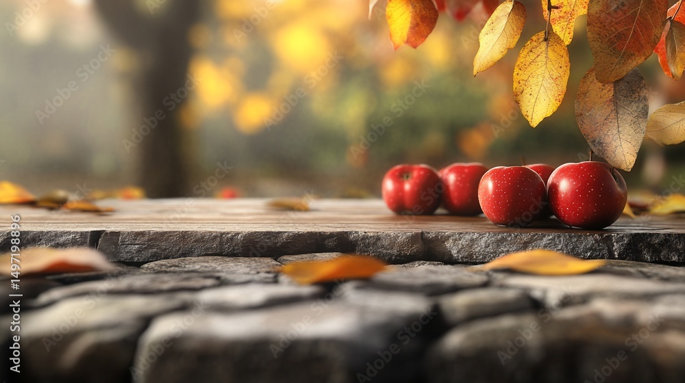 Aufkleber four red apples on wooden surface with autumn leaves and blurred background.