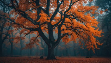Autumn tree with orange leaves in a foggy forest scene. Nature, fall season, and trees. The concept of natural landscapes and seasonal change.