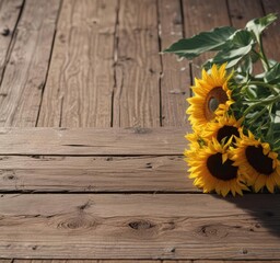 Sunflowers in a sunlit setting on a weathered wood surface , farm, photo