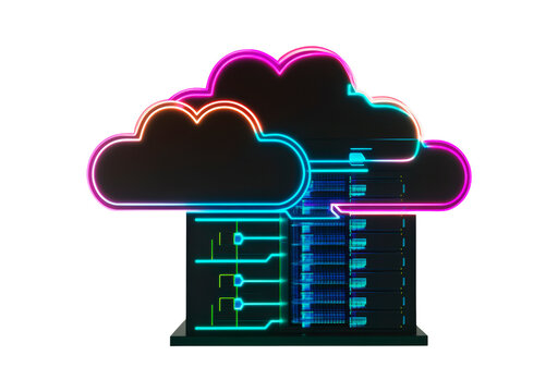 Modern cloud computing technology in a digital representation with neon elements isolated on transparent background