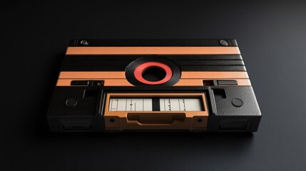 Obraz premium Close-up of a vintage audio cassette tape, black and orange, on a dark background. Nostalgic tech
